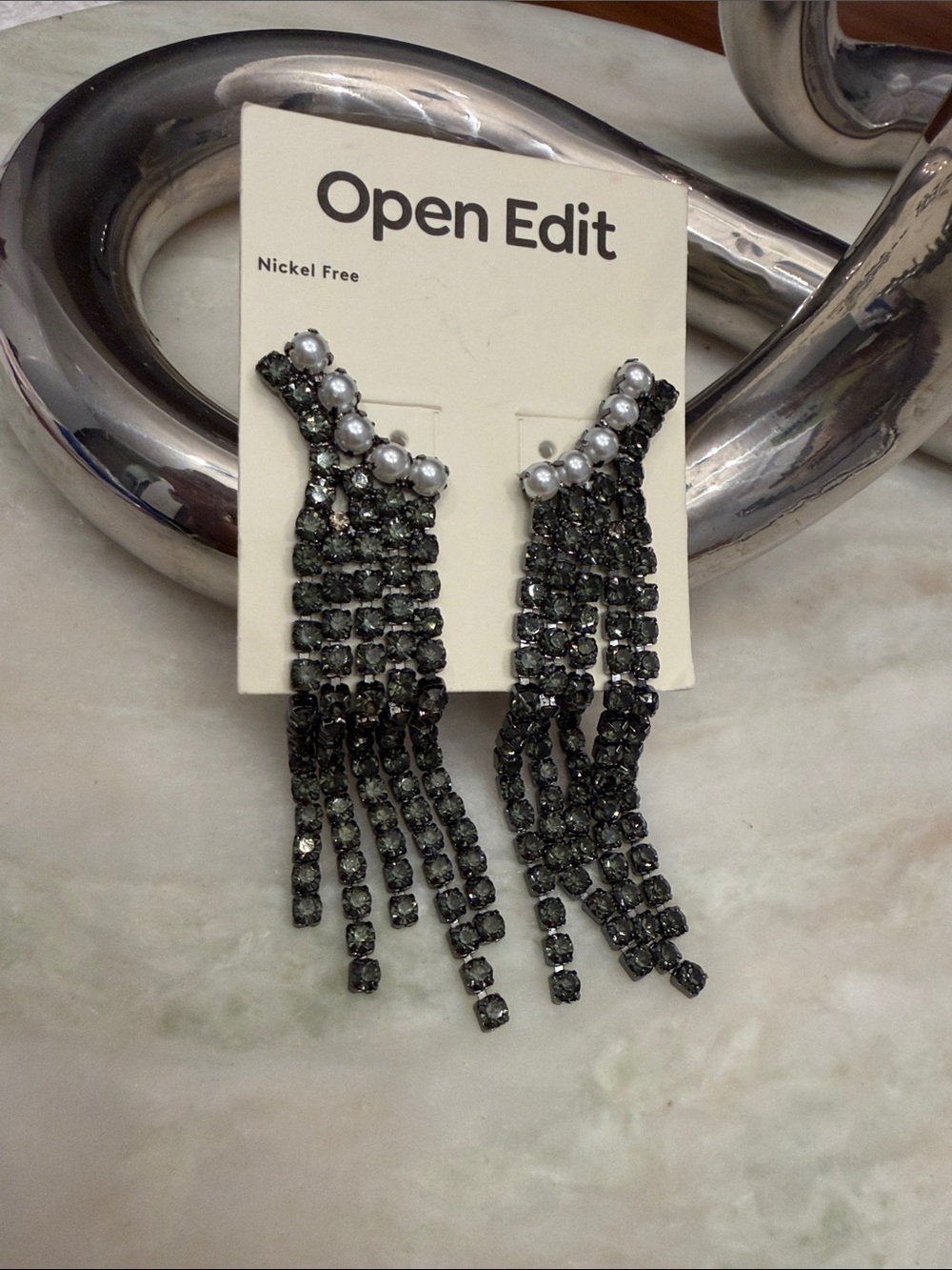 NWT Open Edit Nordstrom Black Crystal Fringe Statement Earrings Rhinestone